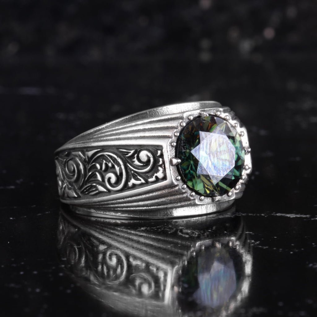 KAMBO Moissanite Round Stone Men's Ring 925 Sterling Silver – Faceted Stone Handmade Minimal Vintage Style Ring — 6