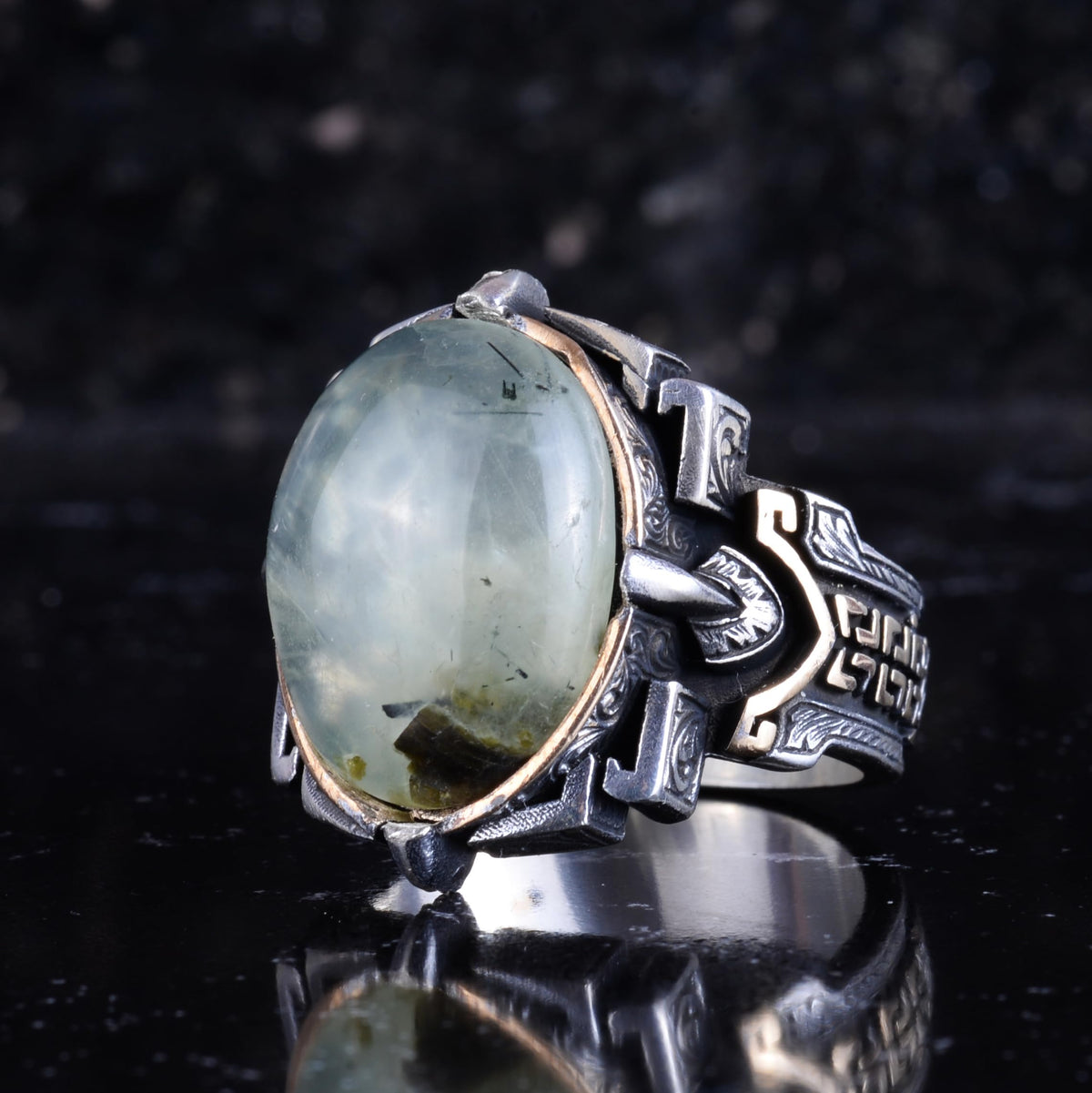 KAMBO Natural Stone Ring 925 Sterling Silver – Handmade Men's Statement Ring Healing Jewelry (Prehnite) — 5