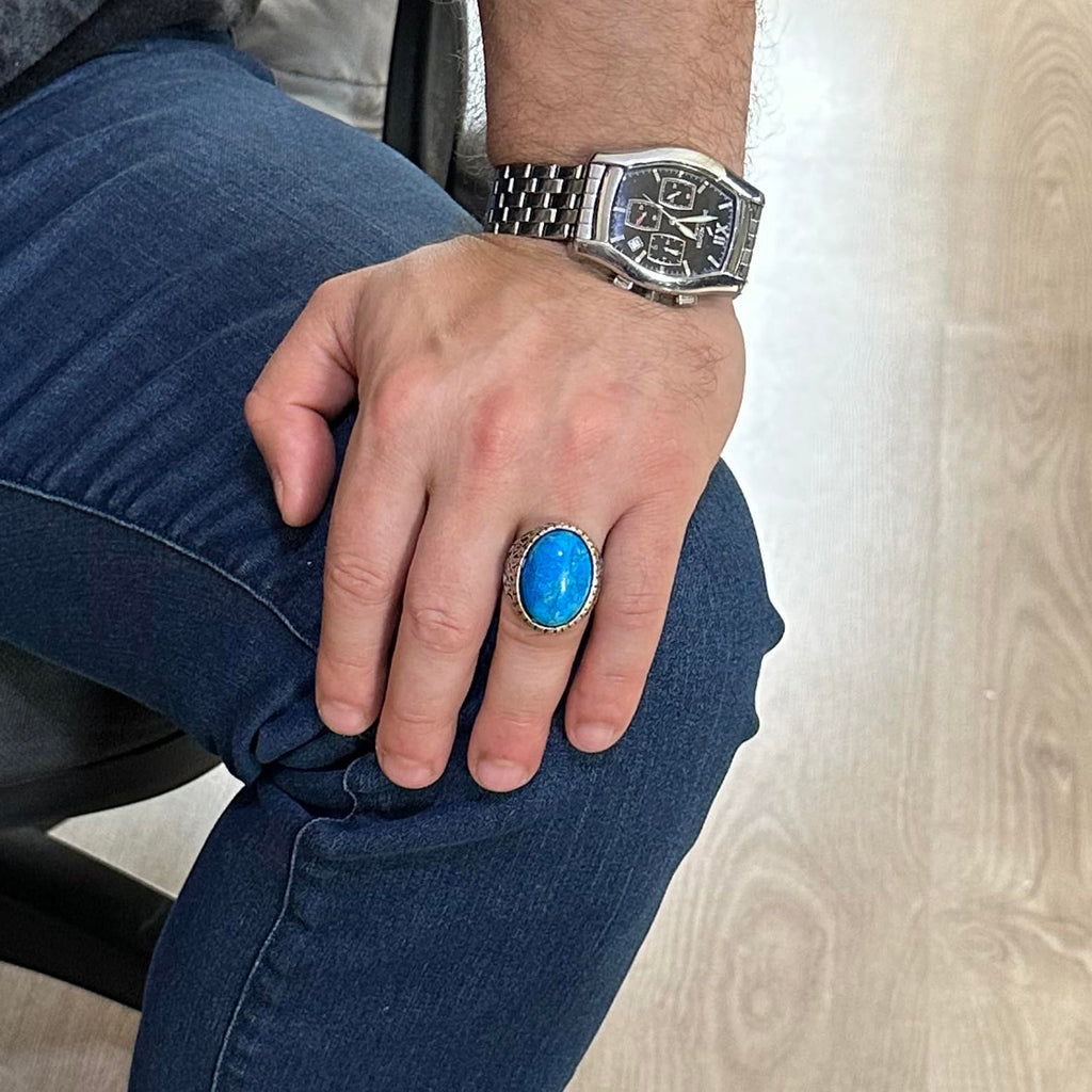 KAMBO Synthetic Stone Ring, 925 Sterling Silver Men's Ring, Big Ring (Synthetic Turquoise Stone) — 3