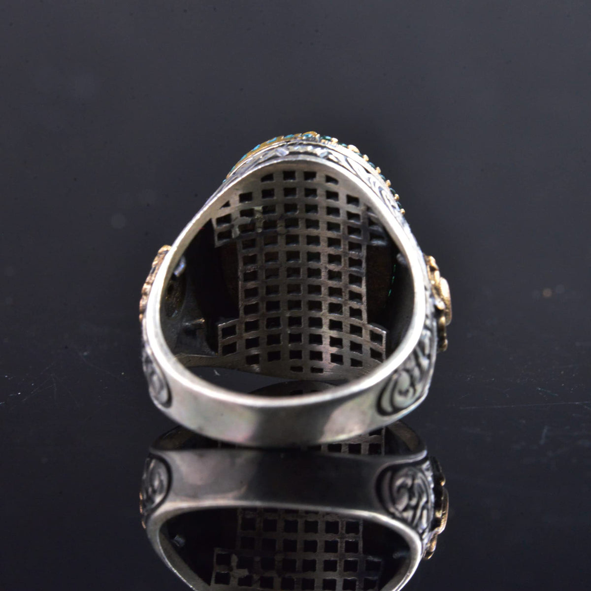 925 Sterling Silver Men's Ring - Natural Arizona Turquoise Stone with Detailed Work — 8