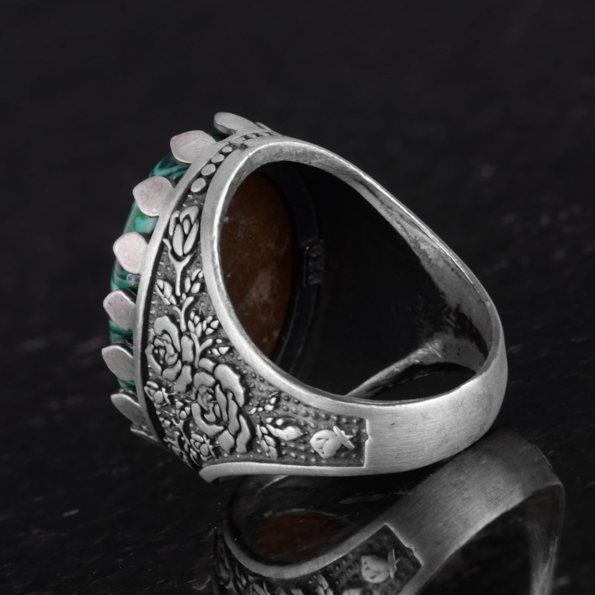 Natural Malachite Stone Ring - Rose Pattern Ring - 925 Sterling Silver Ring - Handmade Large Ring — 7