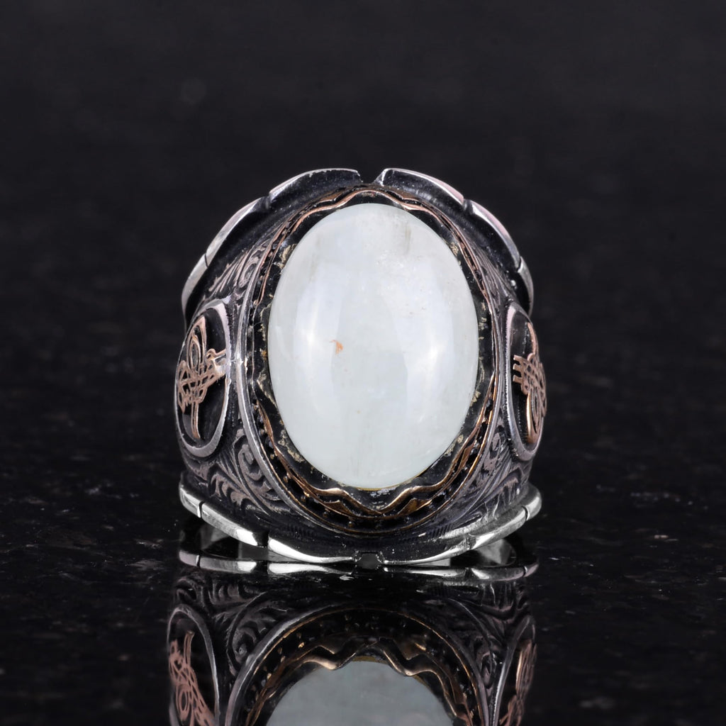 Natural Cabochon Aquamarine Stone Ring, Ottoman Tugra Silver Ring — 5