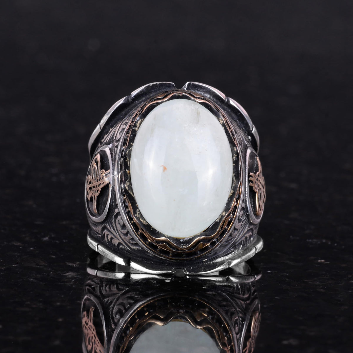 Natural Cabochon Aquamarine Stone Ring, Ottoman Tugra Silver Ring — 5