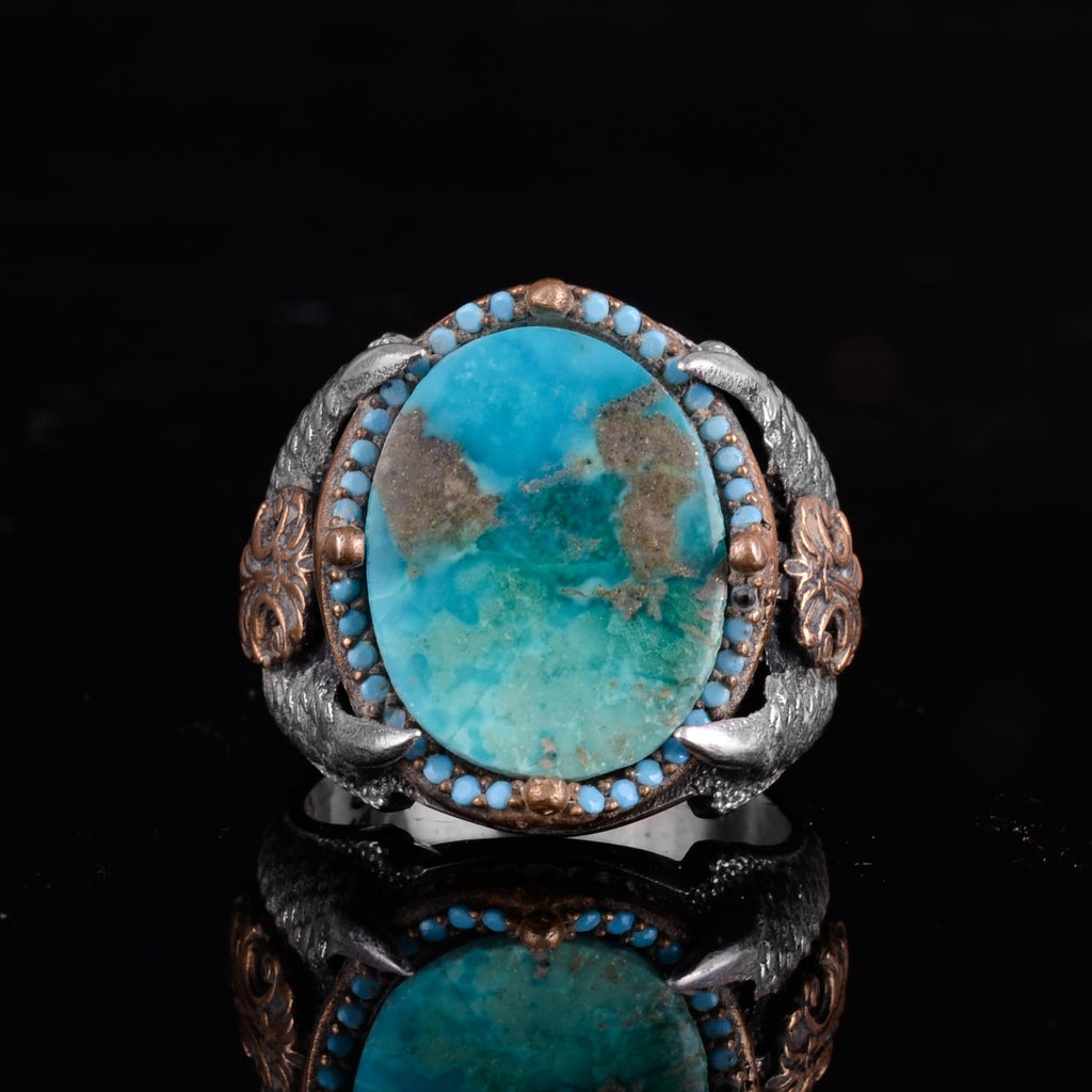 KAMBO Raw Turquoise Oval Stone Claw Setting – Bronze Detailed Silver Artisan Men's Statement Accessory (D) — 4