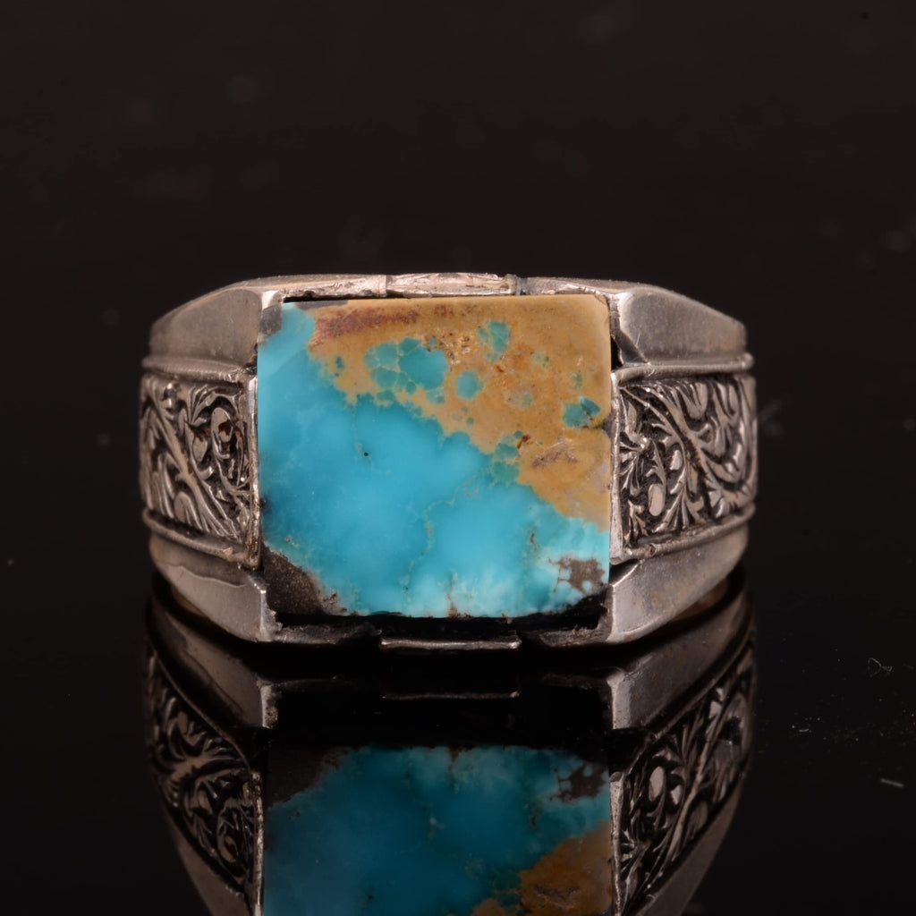 KAMBO Handmade Vintage Men's Ring in 925 Sterling Silver with Genuine Arizona Turquoise Stone, Style-2 Statement Jewelry
