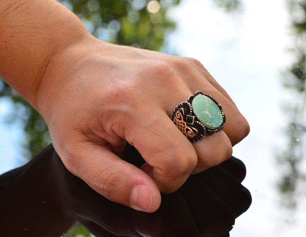 Men's Green Turquoise Stone Ring - Vintage Middle Eastern Design with 925 Sterling Silver — 6