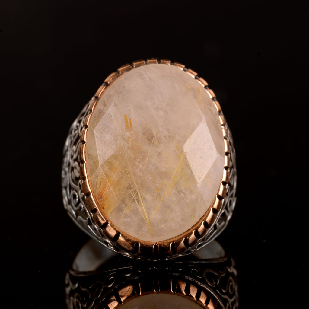 Real Natural Rutilated Quartz Stone Men's Ring - 925 Sterling Silver — 4