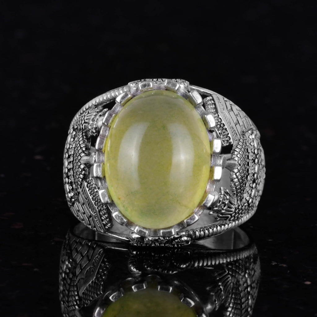 925 Sterling Silver Men's Ring, Natural Prehnite Stone Ring — 3
