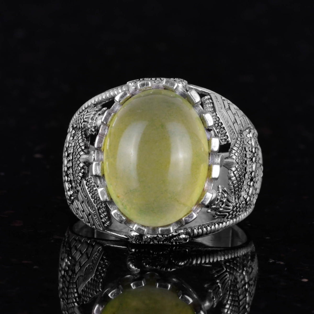 925 Sterling Silver Men's Ring, Natural Prehnite Stone Ring — 3