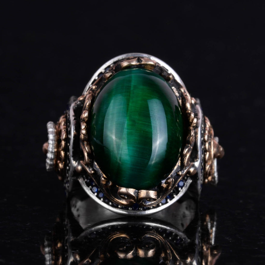Lion Symbol Ring, Green Cat's Eye Stone Ring, 925 Sterling Silver Men's Ring — 4