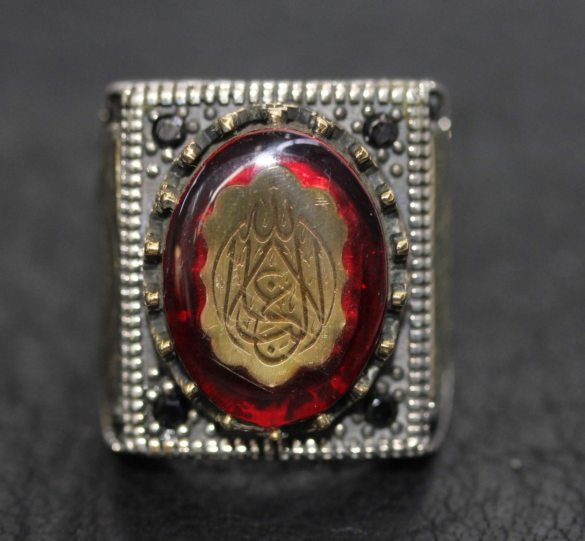 Men's Silver Ring, Mosque Engraved Ring, Amber Stone, Islamic Ring — 5