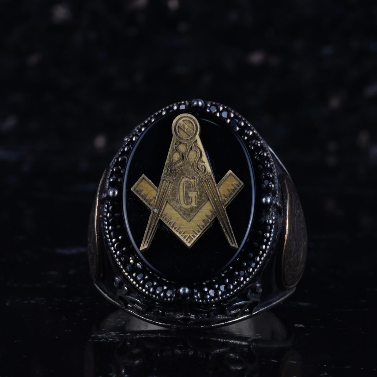 KAMBO Men's Onyx Stone Masonic Square and Compass Symbol Ring – Star of David Details – Statement Ring — 4