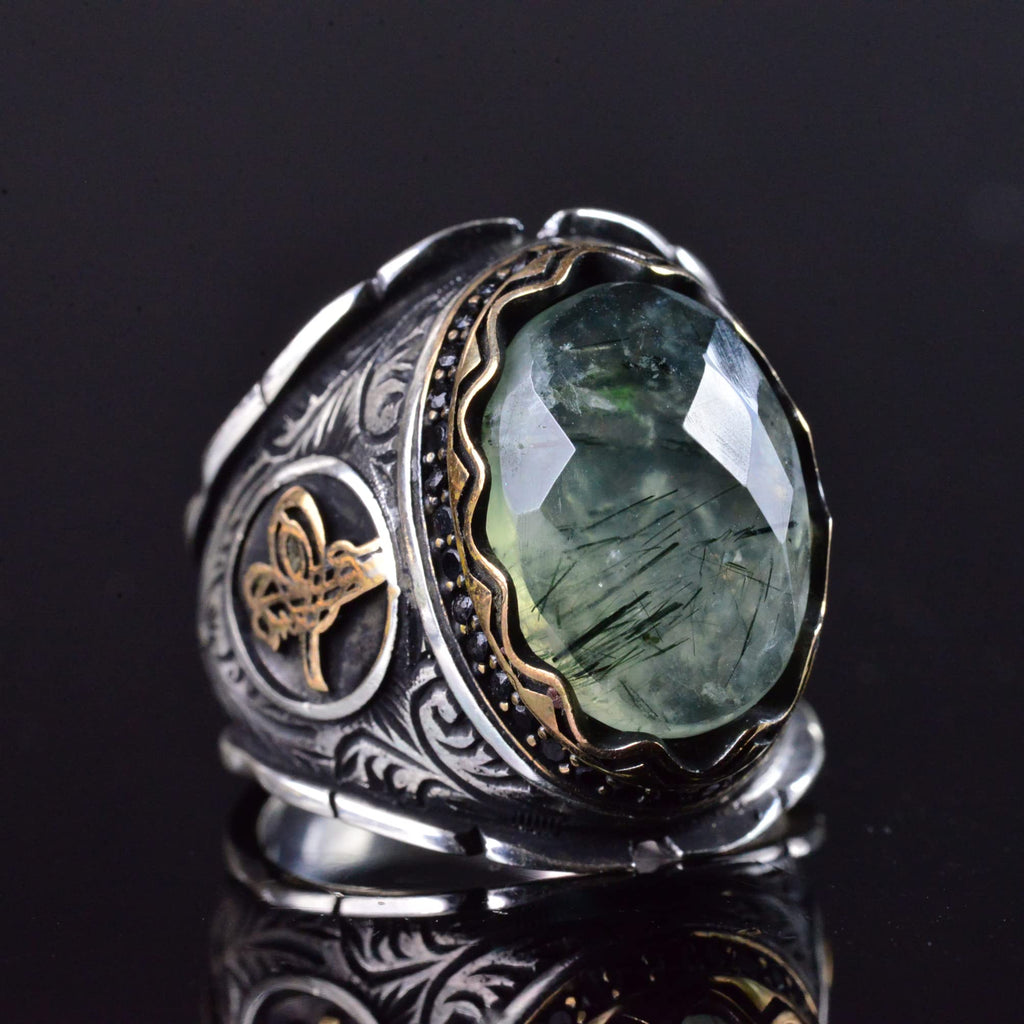 Prehnite Stone Ring, Handmade Ottoman Design 925 Sterling Silver Men's Ring — 5