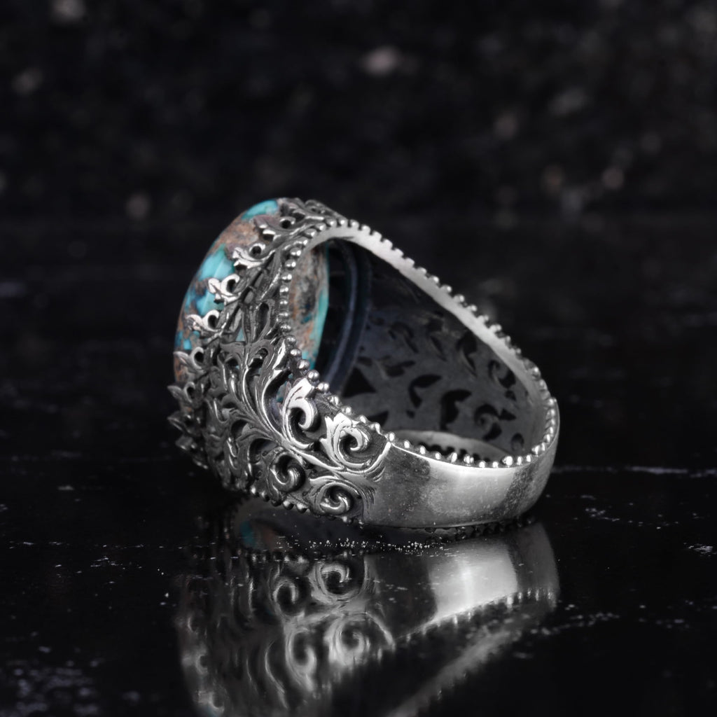 KAMBO Natural Turquoise Stone Ring for Men 925 Sterling Silver Handmade Vintage Statement Ring Blue Green Stone — 7