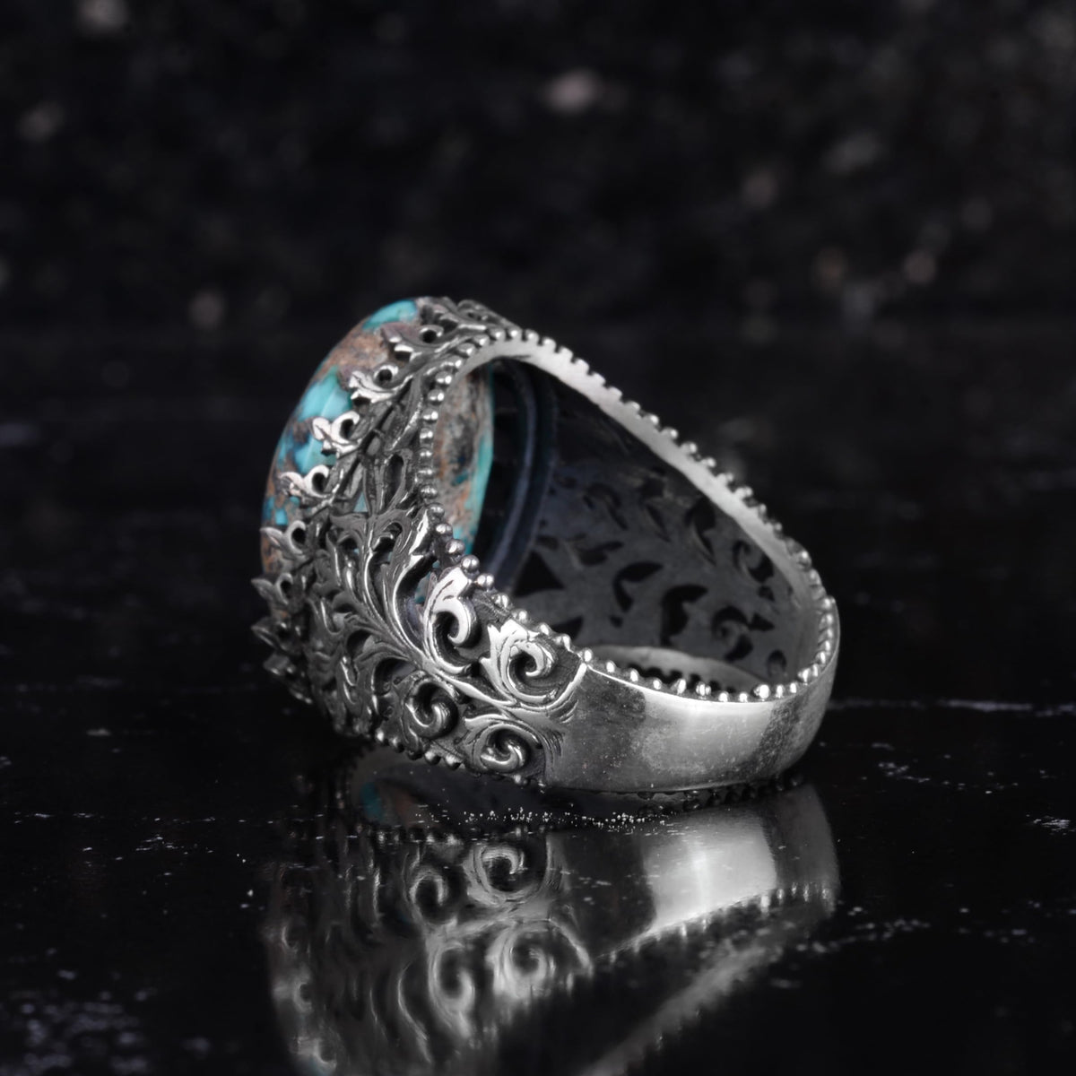 KAMBO Natural Turquoise Stone Ring for Men 925 Sterling Silver Handmade Vintage Statement Ring Blue Green Stone — 7