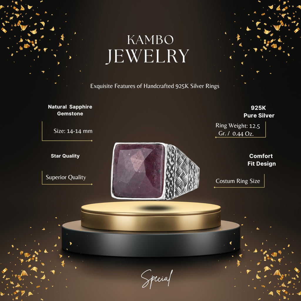 KAMBO Natural Stone Men's Ring 925 Sterling Silver Square Stone Handmade Statement Ring Unique Masculine Jewelry (Sapphire) — 2