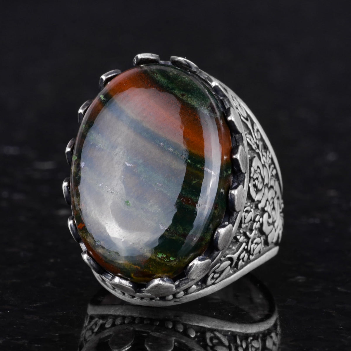 Natural Green Bloodstone Ring - Rose Pattern 925 Sterling Silver Ring — 6