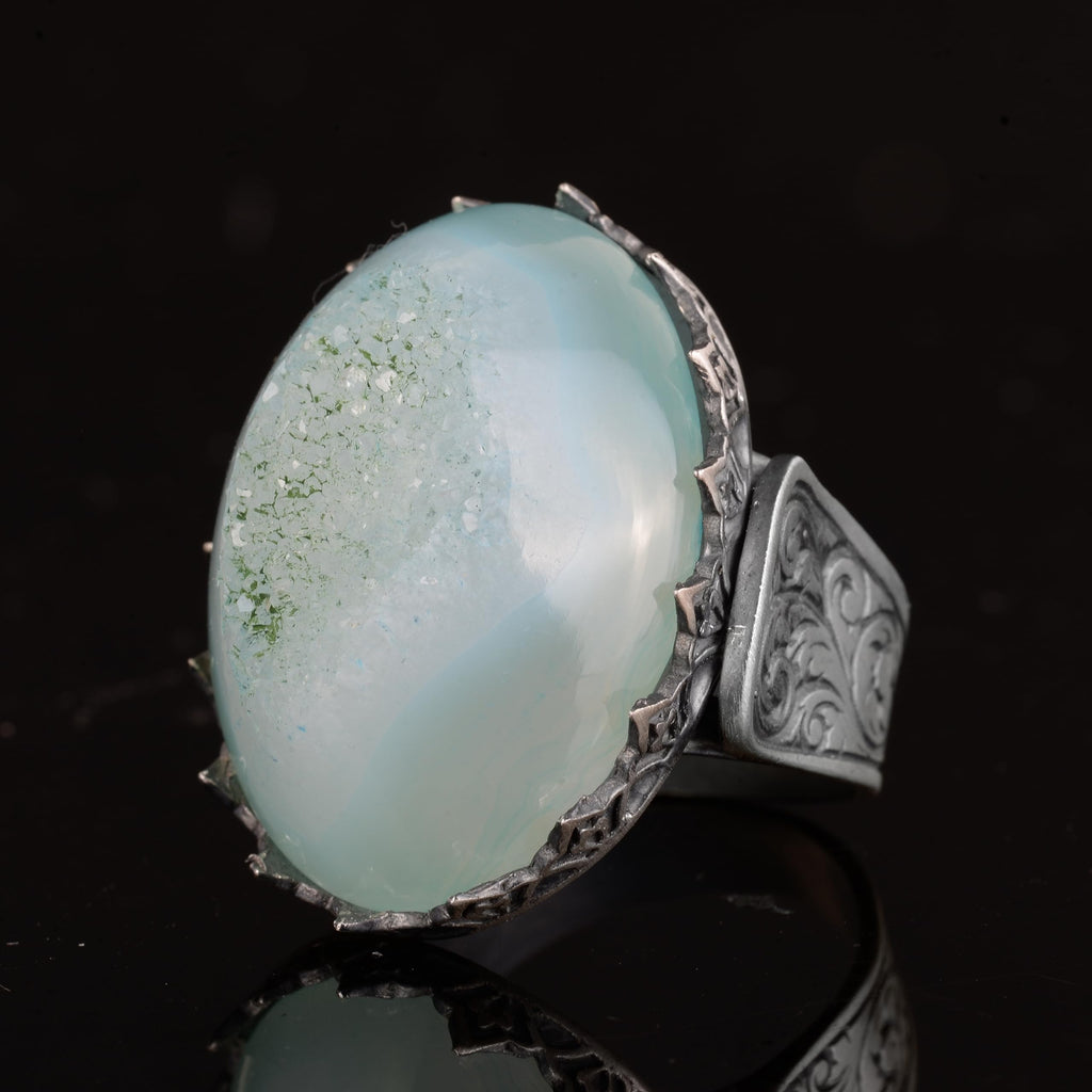 925 Sterling Silver Ring - Natural Druzy Quartz (Aqua) — 5