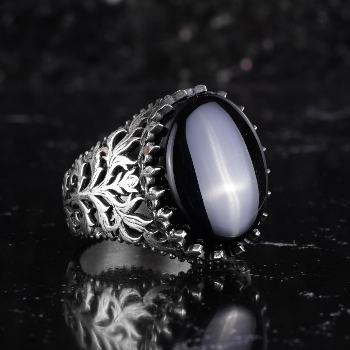 KAMBO Natural Yemen Agate Stone Ring – 925 Sterling Silver Decorative Embroidered Men's Ring – Handmade Vintage Statement Ring (Yemen Agate-13) — 5
