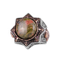 KAMBO Natural Unakite Stone Men's Ring – Star Shaped Large Ring – 925 Sterling Silver Handmade Statement Jewelry