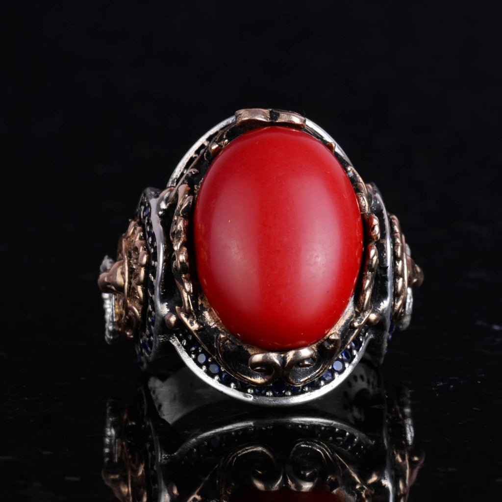 Red Coral Stone Ring, 925 Sterling Silver Men's Ring, Lion Symbol Ring, Animal Figure Silver Ring — 3