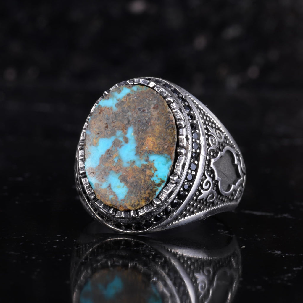 KAMBO Turquoise Stone Men's Ring 925 Sterling Silver – Natural Turquoise Statement Ring – Vintage Ottoman Style Handmade Men's Ring (Turquoise-5) — 5