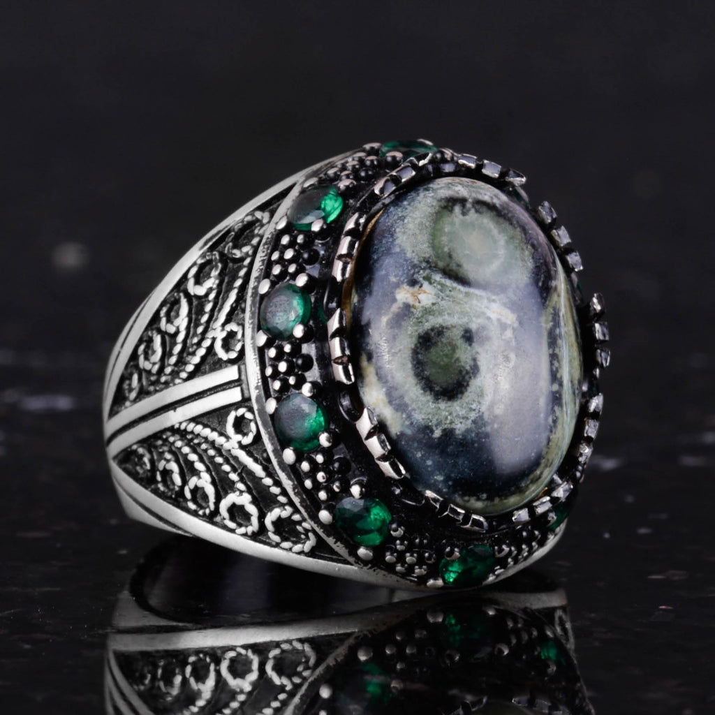 Natural Green Eye Stone Ring - Handmade 925 Sterling Silver Men's Jewelry — 5
