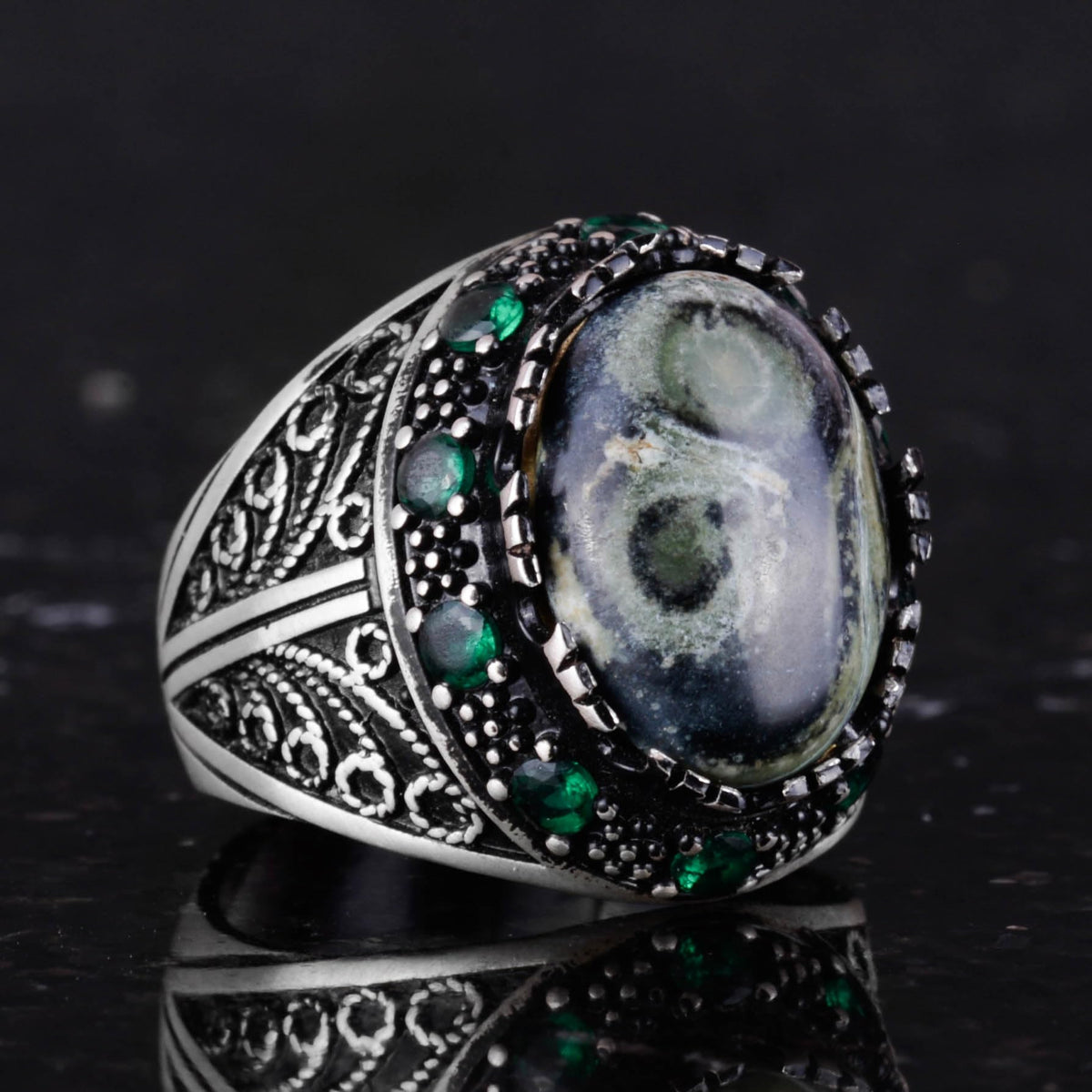 Natural Green Eye Stone Ring - Handmade 925 Sterling Silver Men's Jewelry — 5