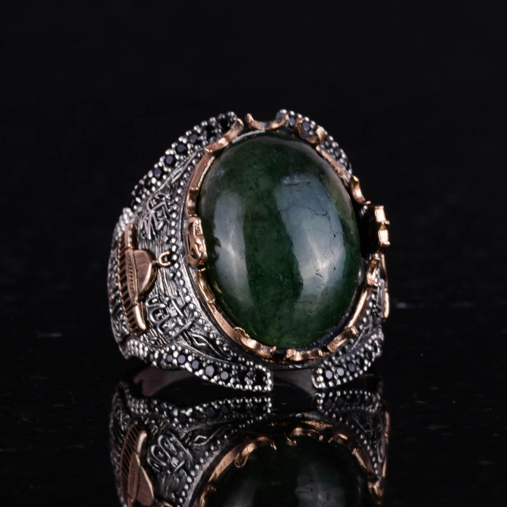 Al-Aqsa Mosque Pattern Cabochon Emerald Stone Ring, 925 Sterling Silver Men's Ring — 3