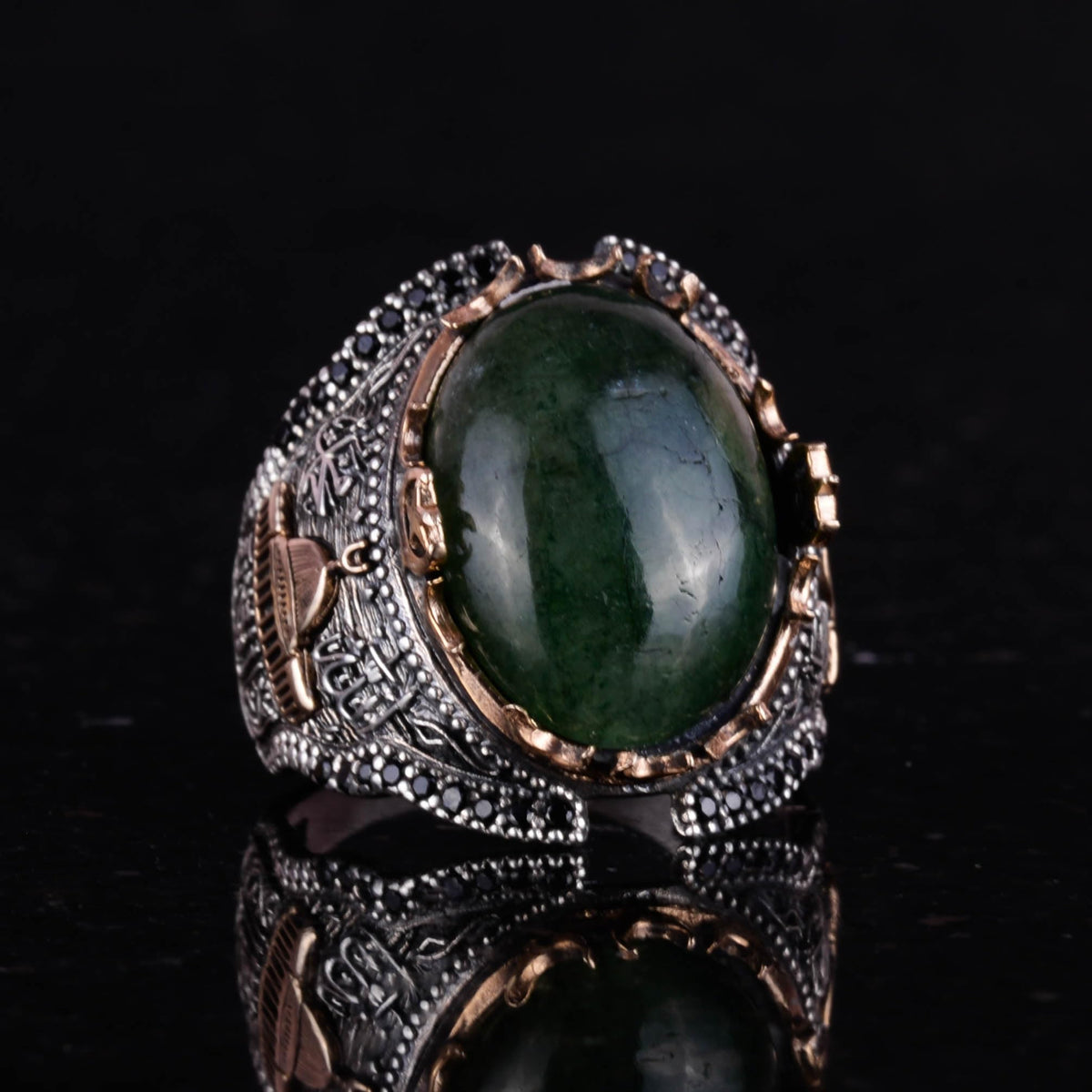 Al-Aqsa Mosque Pattern Cabochon Emerald Stone Ring, 925 Sterling Silver Men's Ring — 3