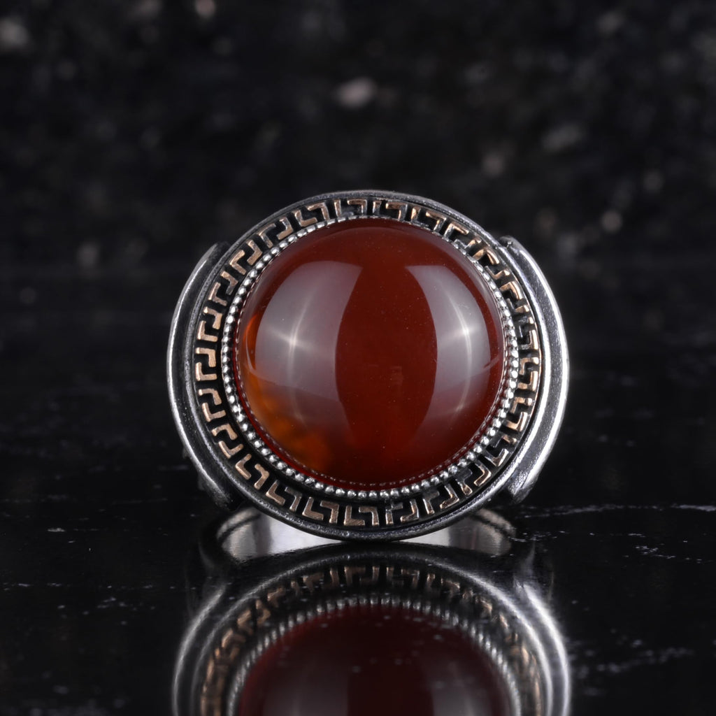 KAMBO Stone Round Men's Ring 925 Sterling Silver – Cabochon Handmade Vintage Greek Pattern Statement Ring (Red Agate) — 4