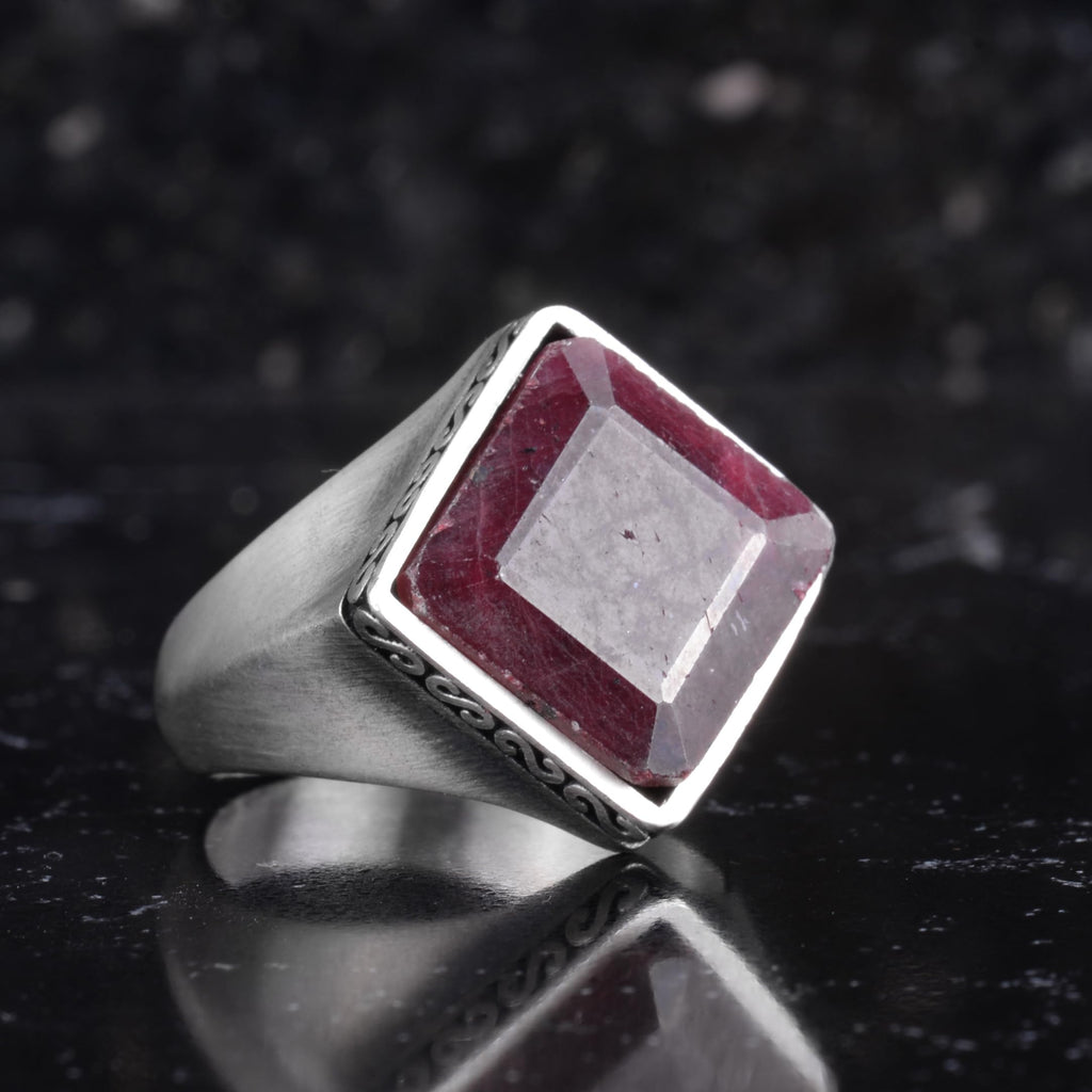 KAMBO Natural Stone Men's Ring 925 Sterling Silver – Square Cut Stone Handmade Minimalist Statement Ring (Ruby) — 6