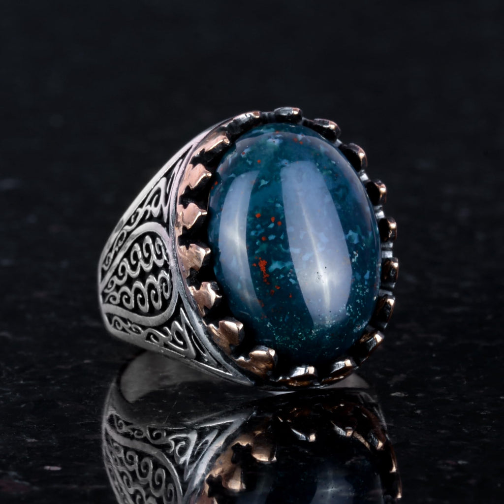 925 Sterling Silver Men's Ring - Handcrafted Elegance with Natural Green Blood Stone (Model-2) — 4