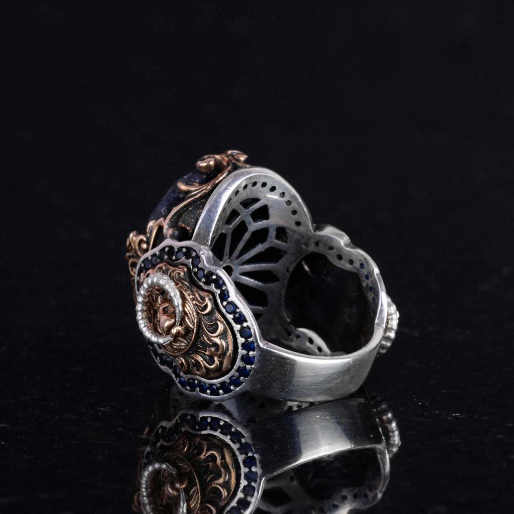 925 Sterling Silver Men's Ring - Sapphire Stone - Handmade Ring with Lion Symbol — 7