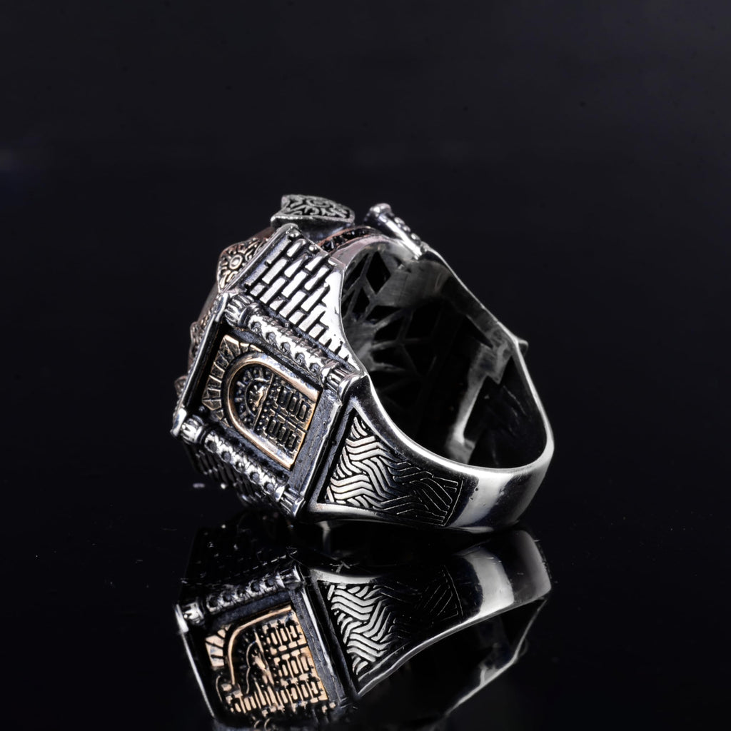 KAMBO Large Natural Stone Ring – 925 Sterling Silver Men's Ottoman Architectural Design (Turquoise-1) — 7
