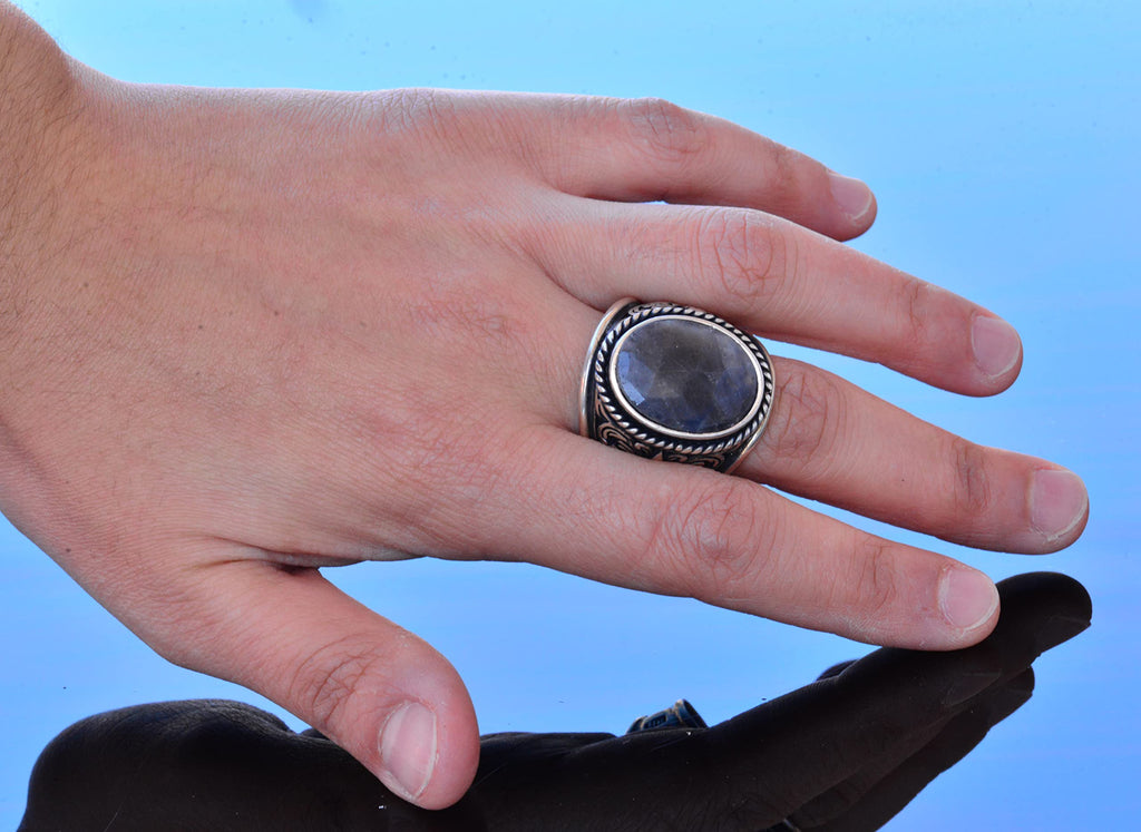 Handmade Natural Sapphire Stone Silver Men's Ring, Lily (Fleur-de-Lis) Design - Symbol of Wisdom and Nobility — 6