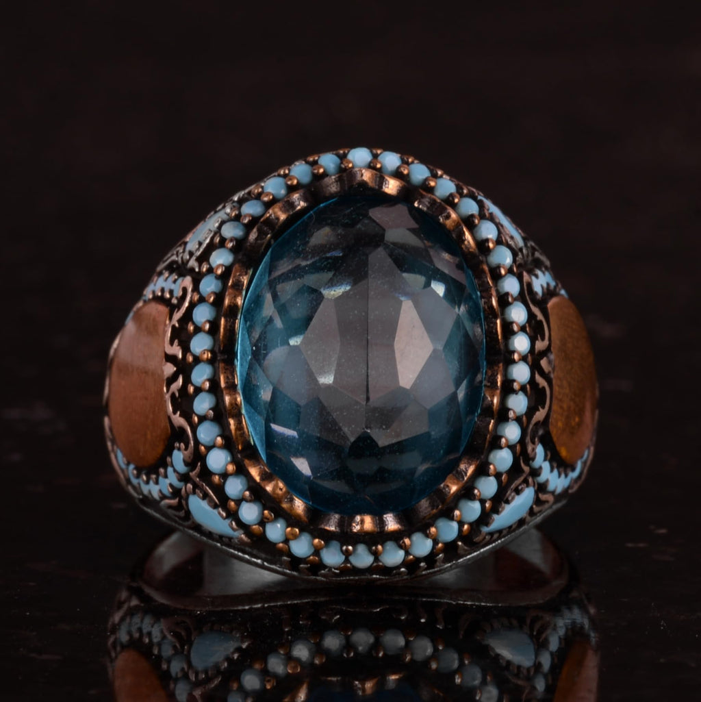 Aquamarine Glass Stone Ring - Handmade Men's Ring - Stylish 925 Sterling Silver Men's Ring — 4