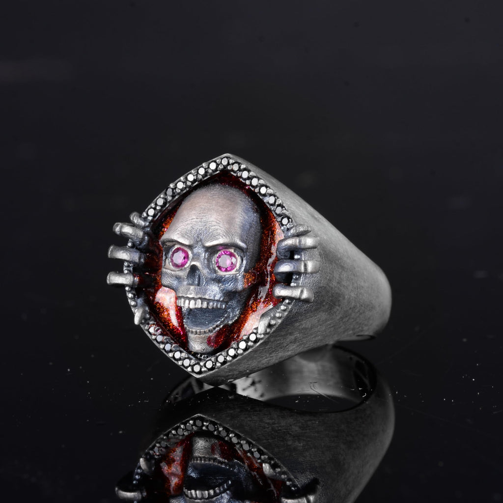KAMBO Red Flame Background and Pink Stone Eyed 925 Sterling Silver Men's Skull Ring – Gothic Punk Biker Ring — 5