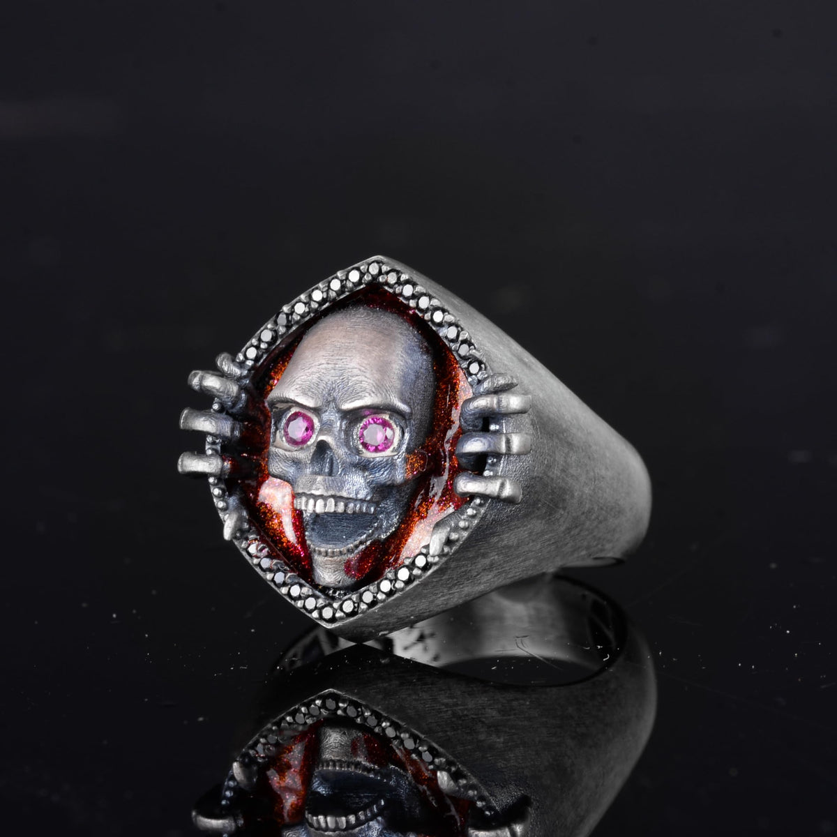 KAMBO Red Flame Background and Pink Stone Eyed 925 Sterling Silver Men's Skull Ring – Gothic Punk Biker Ring — 5