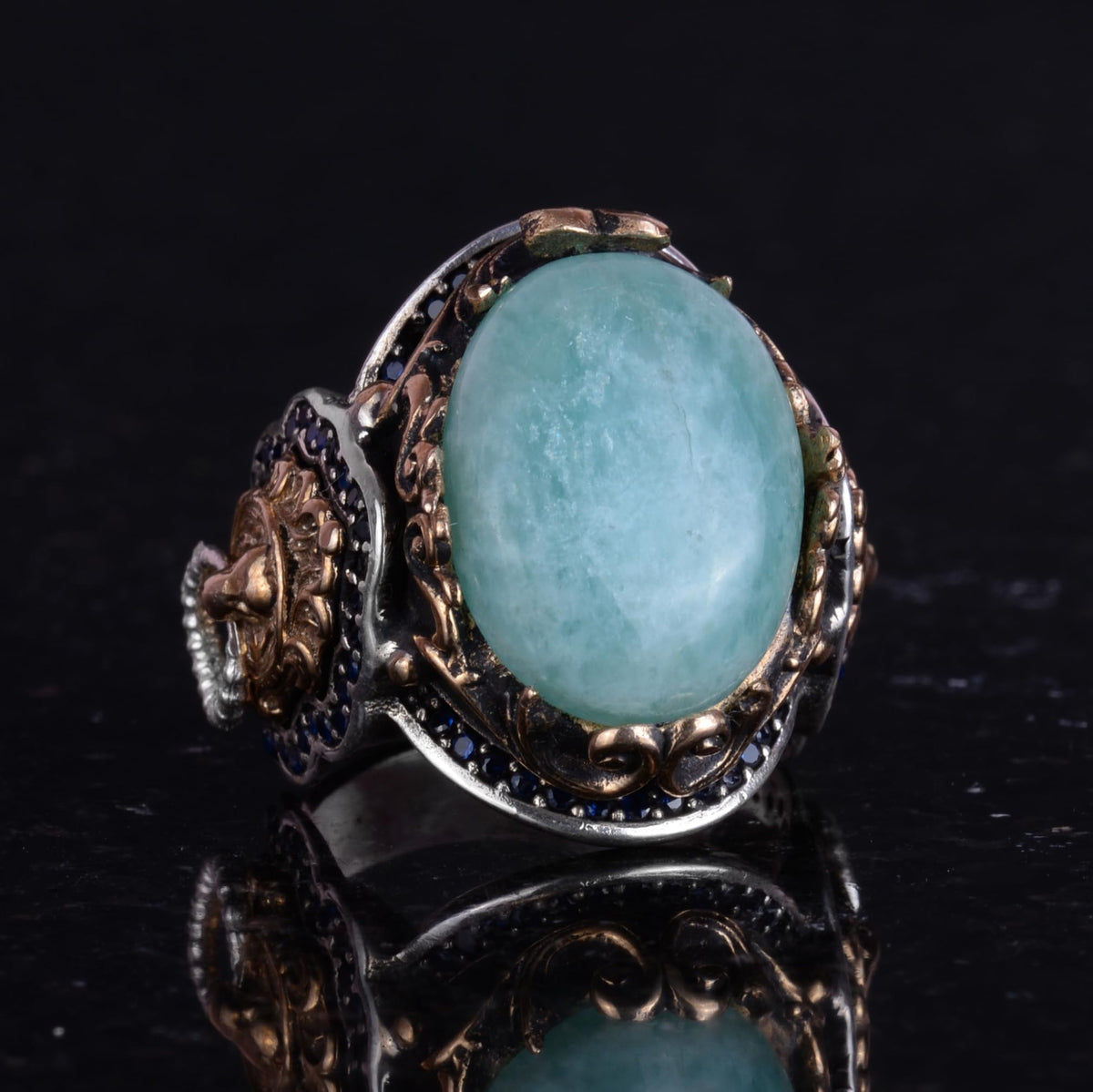 Lion Men's Silver Ring, Natural Stone Ring - 925 Sterling Silver Ring (Amazonite) — 5