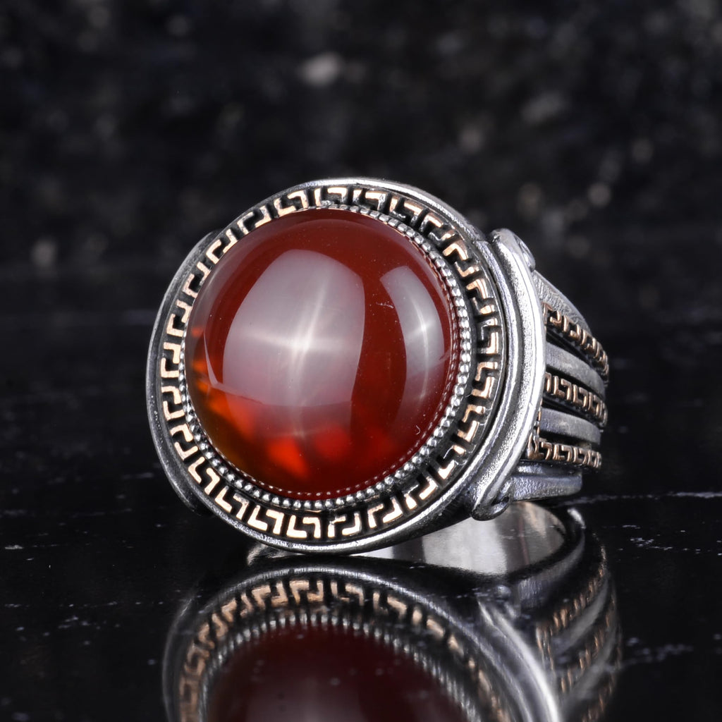 KAMBO Stone Round Men's Ring 925 Sterling Silver – Cabochon Handmade Vintage Greek Pattern Statement Ring (Red Agate) — 5