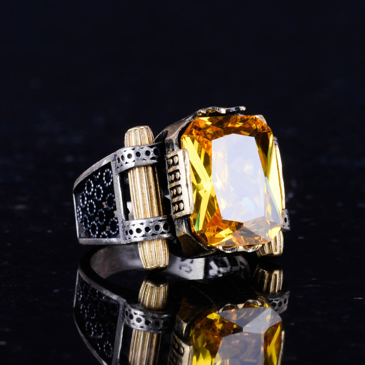 Kambo Synthetic Citrine Stone Ring - 925 Sterling Silver Handmade Design Men's Ring — 5