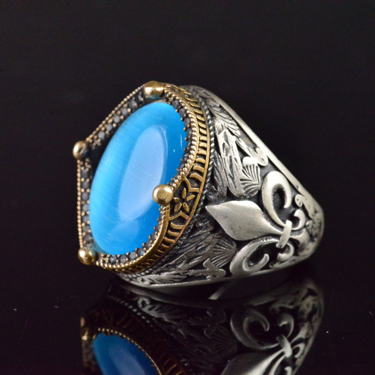 Kambo Handmade 925 Sterling Silver Men's Ring – Synthetic Cat's Eye Stone, Elegant Lily Motif — 3
