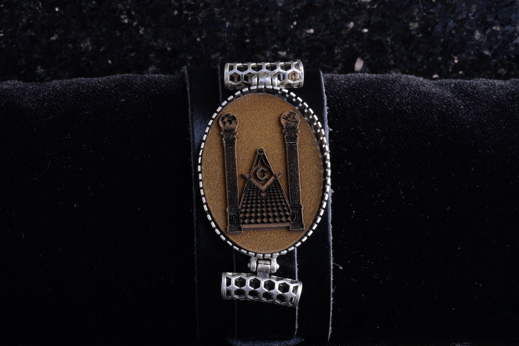 KAMBO Genuine Leather Cuff Bracelet for Men, Masonic Emblem Medallion in 925 Sterling Silver Frame, Handmade Wide Wristb