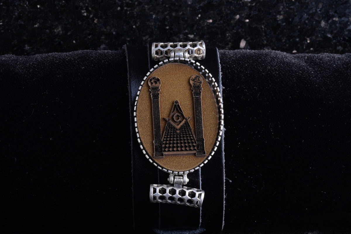 KAMBO Genuine Leather Cuff Bracelet for Men, Masonic Emblem Medallion in 925 Sterling Silver Frame, Handmade Wide Wristb