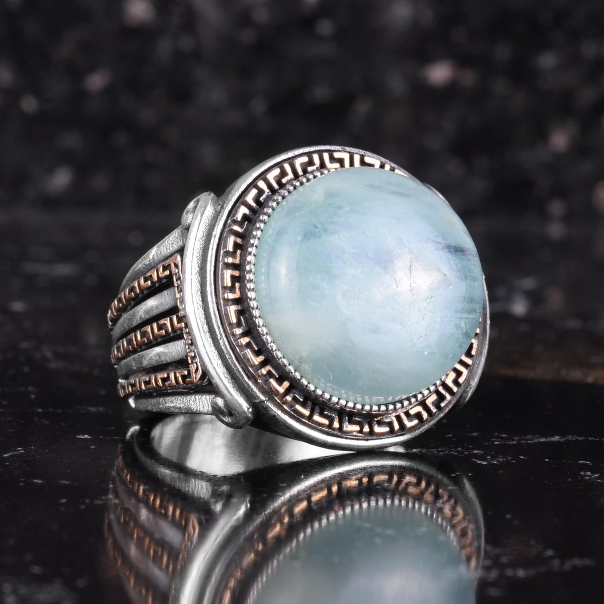 KAMBO Stone Round Men's Ring 925 Sterling Silver – Cabochon Handmade Vintage Greek Pattern Statement Ring (Aquamarine) — 6