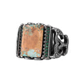 KAMBO Natural Arizona Turquoise 925 Sterling Silver Men's Ring – Rectangular Stone Ottoman Style Engraved Design (Style-1)