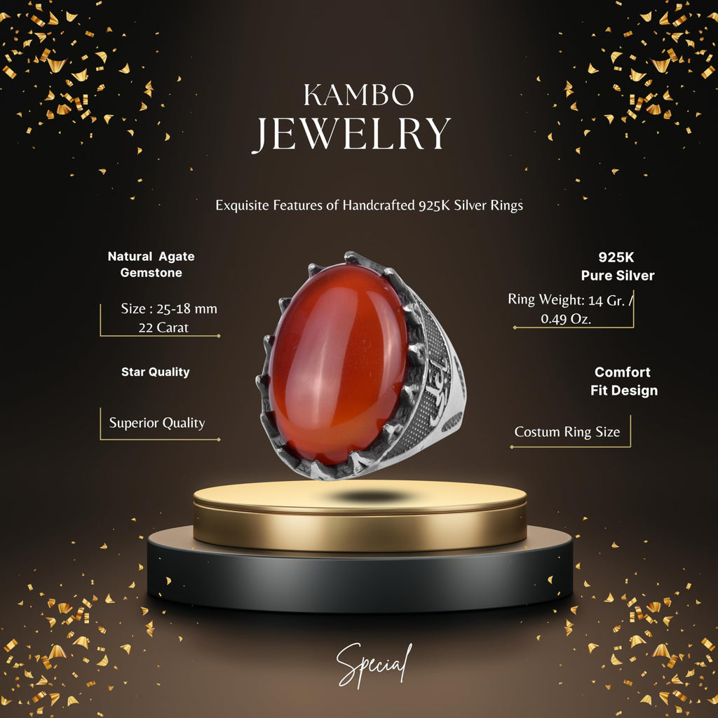 KAMBO Natural Stone Men's Large Ring – 925 Sterling Silver Ottoman Sword Motif Signet Ring (Red Agate) — 2