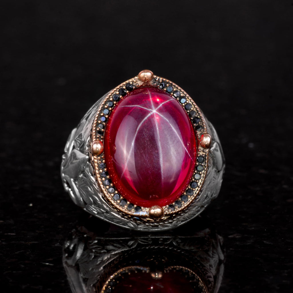 Kambo Handcrafted Men's Ring in 925K Silver - Available with Various Natural Gemstones (Star Ruby) — 2