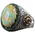 925 Sterling Silver Men's Ring - Natural Arizona Turquoise Stone with Detailed Work